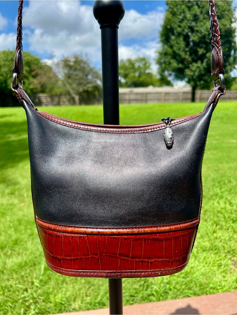 Vintage Brighton Two Tone Black Brown Leather Croc Embossed Crossbody Bucket Bag